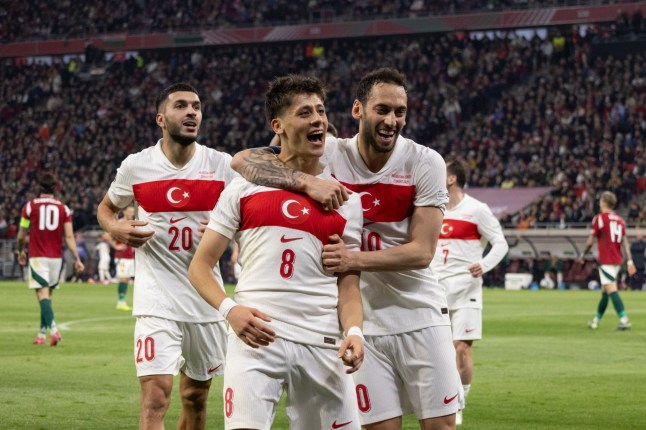Mandatory Credit: Photo by Xinhua/Shutterstock (15219318c) Arda Guler (C) of T?rkiye celebrates scoring with teammates during the UEFA Nations League play-offs 2nd leg football match between Hungary and T?rkiye in Budapest, Hungary on March 23, 2025. Hungary Budapest Football Uefa Nations League Hungary vs T?rkiye - 23 Mar 2025