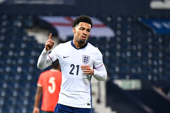 Ethan Nwaneri of England Under 21 celebrates scoring his team???s second goal to make the score 2-0 during the International Friendly match at The Hawthorns, West Bromwich Picture by Martin Cobb/Focus Images Ltd 07807496508 24/03/2025