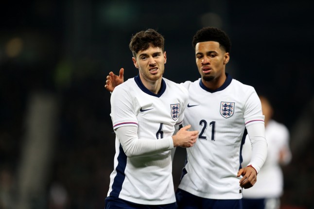 WEST BROMWICH, ENGLAND - MARCH 24: Hayden Hackney of England celebrates after scoring a goal to make it 1-0 with Nathan Nwaneri of England during the Men's U21 international match between England and Portugal at The Hawthorns on March 24, 2025 in West Bromwich, England. (Photo by Adam Fradgley/West Bromwich Albion FC via Getty Images)