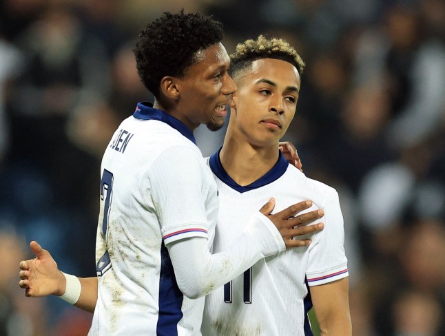 Soccer Football - Under 21 International Friendly - England v Portugal - The Hawthorns, West Bromwich, Britain - March 24, 2025 England's Jaden Philogene celebrates scoring their fourth goal with Omari Hutchinson Action Images via Reuters/Andrew Boyers