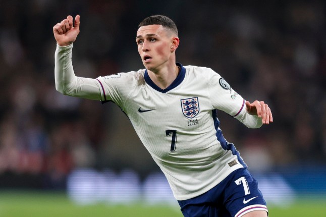 LONDON, ENGLAND - MARCH 24: Phil Foden of England during the FIFA World Cup 2026 European Qualifier between England and Latvia at Wembley Stadium on March 24, 2025 in London, England. (Photo by Robin Jones/Getty Images)
